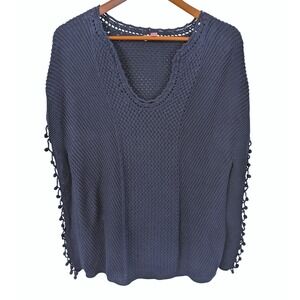 Lilly Pulitzer Keating‎ Crochet Sweater Cover Up Navy Blue Pom Pom Trim Womens S